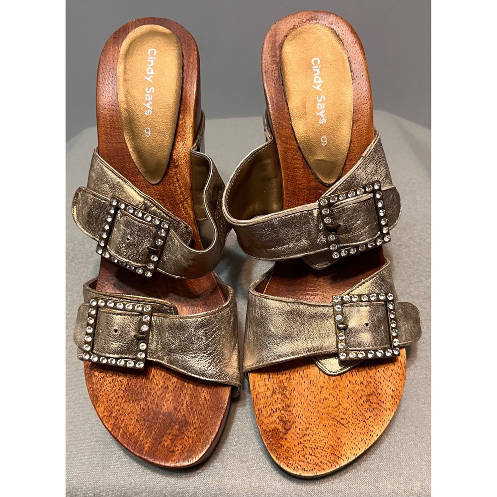 Cindy Says Gold Leather Wood Wedge Sandals Rhinestone‎ Buckle Studded Platform 9